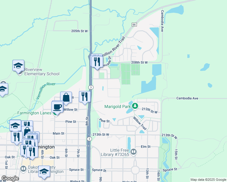 map of restaurants, bars, coffee shops, grocery stores, and more near 20934 Capri Street in Farmington