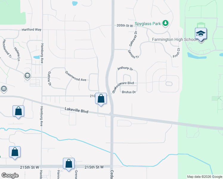 map of restaurants, bars, coffee shops, grocery stores, and more near 20990 Cedar Avenue in Lakeville