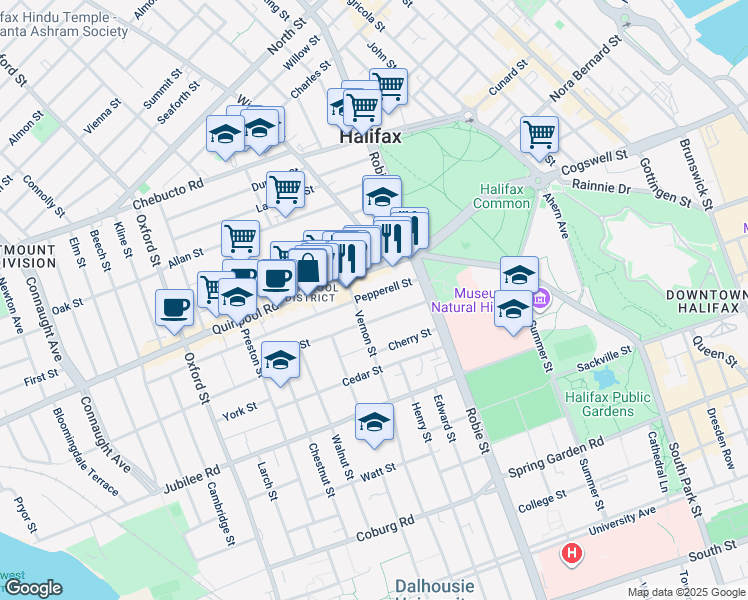 map of restaurants, bars, coffee shops, grocery stores, and more near 6044 Pepperell Street in Halifax