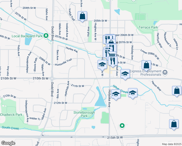 map of restaurants, bars, coffee shops, grocery stores, and more near 8989 210th Street West in Lakeville