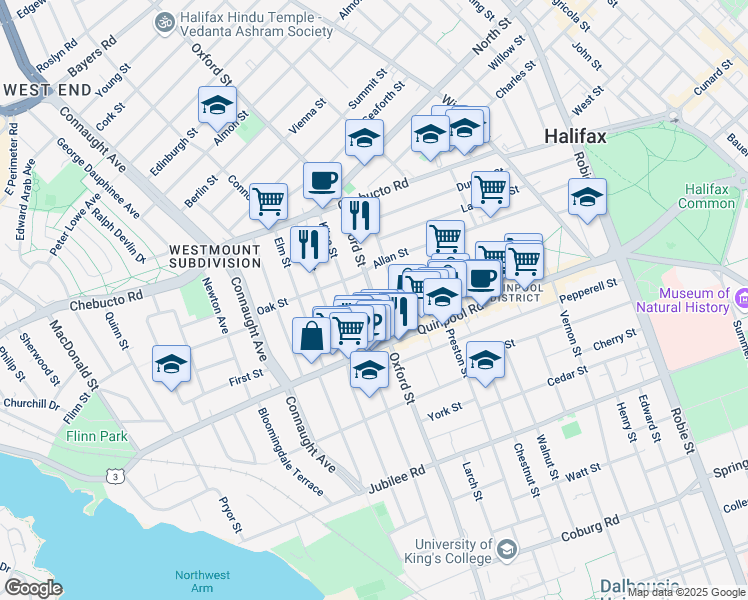 map of restaurants, bars, coffee shops, grocery stores, and more near Oxford Street in Halifax