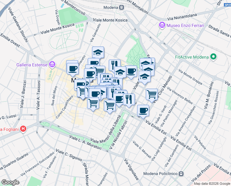 map of restaurants, bars, coffee shops, grocery stores, and more near 43 Via Carmelitane Scalze in Modena
