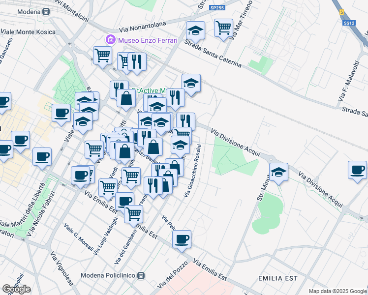 map of restaurants, bars, coffee shops, grocery stores, and more near 251 Via M. Bonacini in Modena