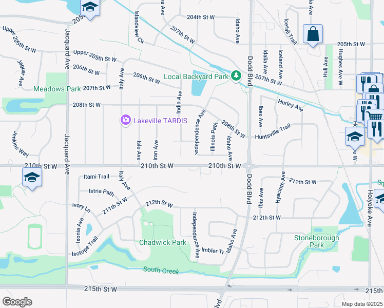 map of restaurants, bars, coffee shops, grocery stores, and more near 20915 Independence Avenue in Lakeville