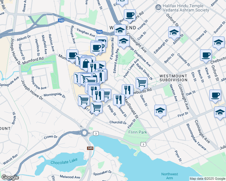 map of restaurants, bars, coffee shops, grocery stores, and more near 6930 Mumford Road in Halifax