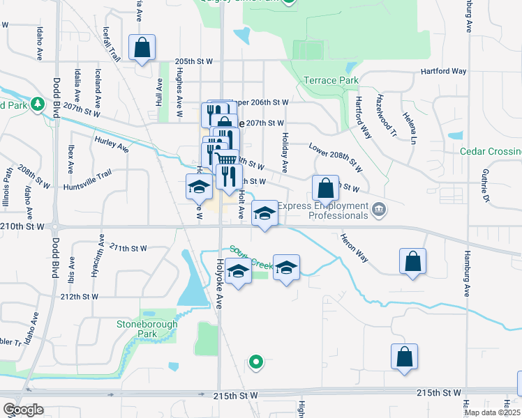 map of restaurants, bars, coffee shops, grocery stores, and more near 8620 Upper 209th Street West in Lakeville