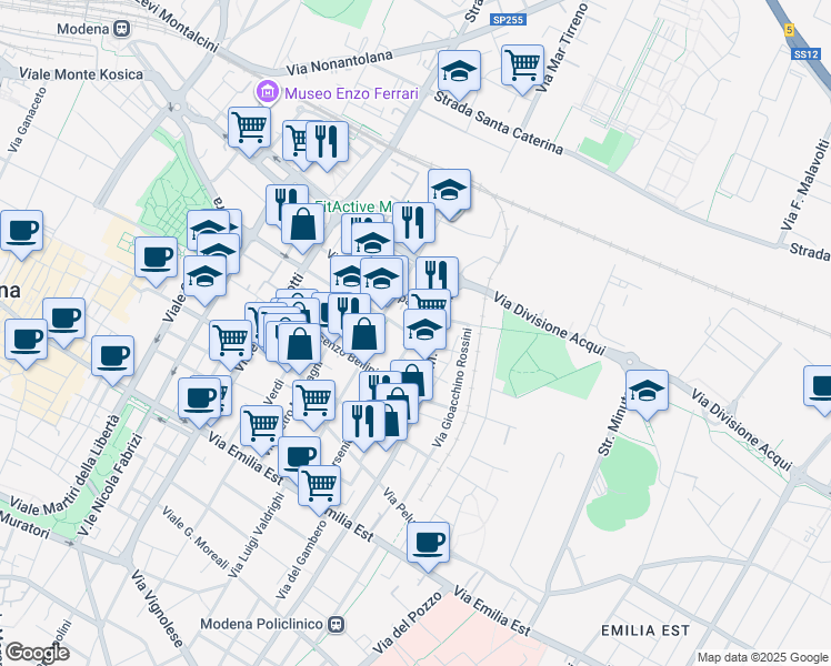 map of restaurants, bars, coffee shops, grocery stores, and more near 251 Via Mario Bonacini in Modena