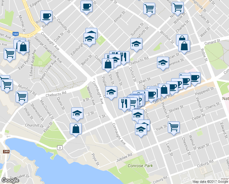 map of restaurants, bars, coffee shops, grocery stores, and more near 2494 Elm Street in Halifax