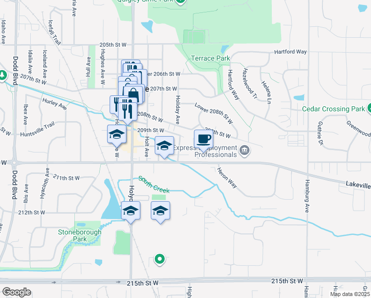 map of restaurants, bars, coffee shops, grocery stores, and more near Upper 209th Street West in Lakeville