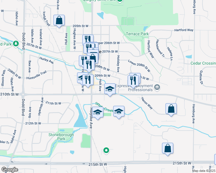 map of restaurants, bars, coffee shops, grocery stores, and more near 8620 Upper 209th Street West in Lakeville