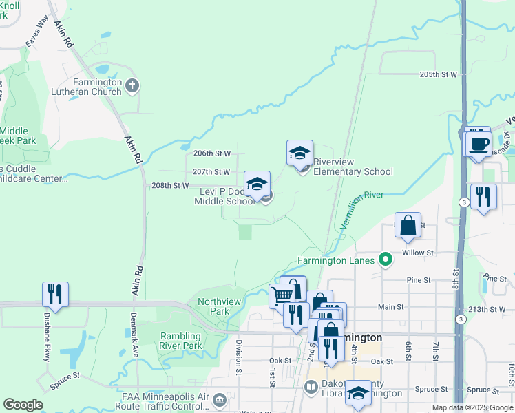 map of restaurants, bars, coffee shops, grocery stores, and more near 4200 208th Street West in Farmington