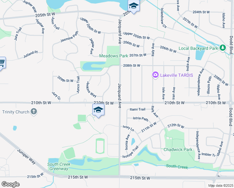 map of restaurants, bars, coffee shops, grocery stores, and more near 20941 Jacquard Avenue in Lakeville