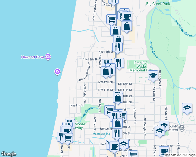 map of restaurants, bars, coffee shops, grocery stores, and more near 1231 Northwest Nye Street in Newport