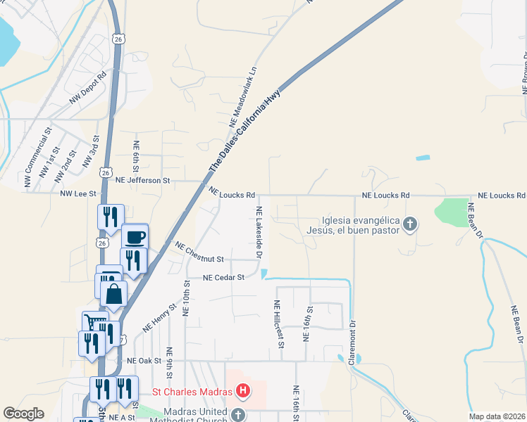 map of restaurants, bars, coffee shops, grocery stores, and more near 779 Northeast Lakeside Drive in Madras