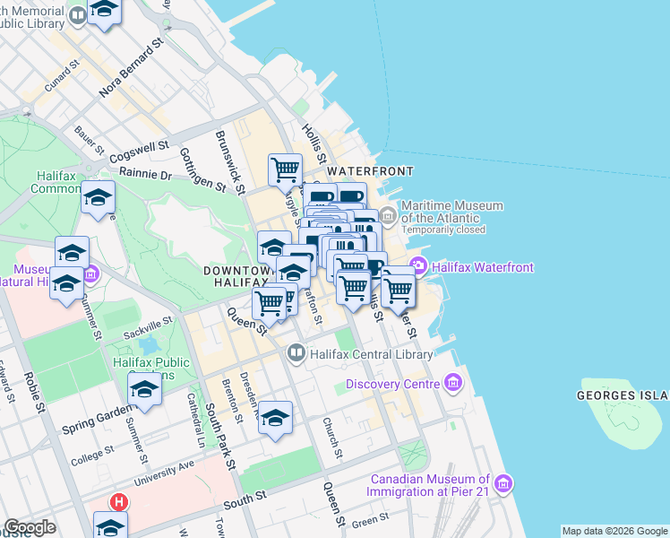 map of restaurants, bars, coffee shops, grocery stores, and more near 1593 Barrington Street in Halifax