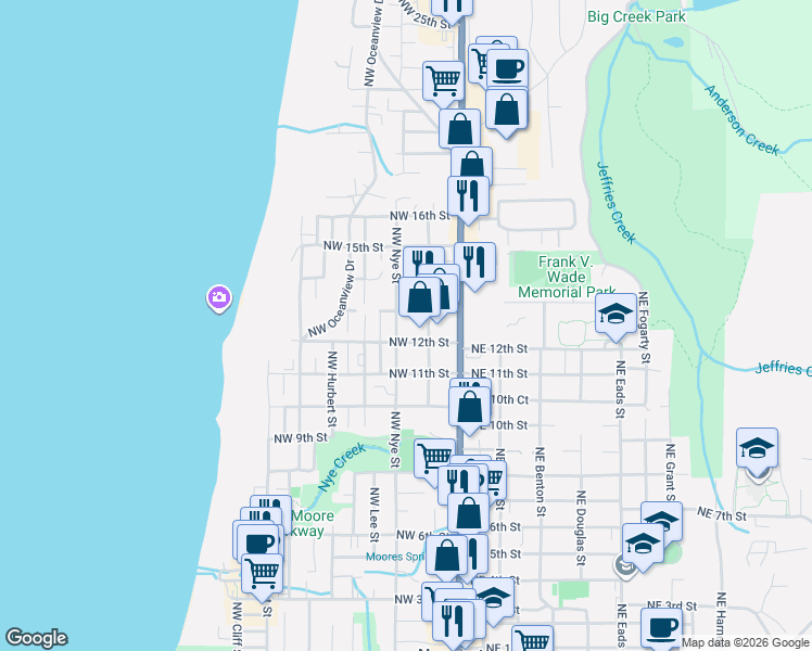 map of restaurants, bars, coffee shops, grocery stores, and more near 1231 Northwest Grove Street in Newport