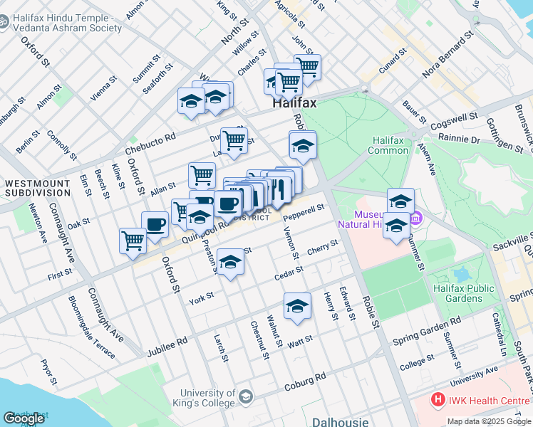map of restaurants, bars, coffee shops, grocery stores, and more near 6130 Quinpool Road in Halifax
