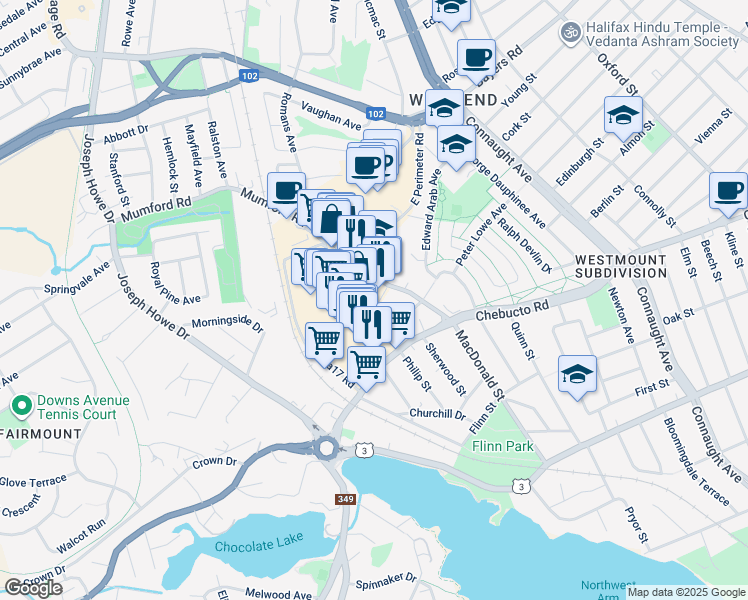 map of restaurants, bars, coffee shops, grocery stores, and more near 6960 Mumford Road in Halifax