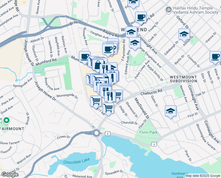map of restaurants, bars, coffee shops, grocery stores, and more near 6960 Mumford Road in Halifax