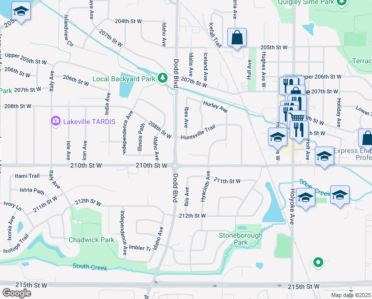 map of restaurants, bars, coffee shops, grocery stores, and more near 20964 Hydra Court in Lakeville