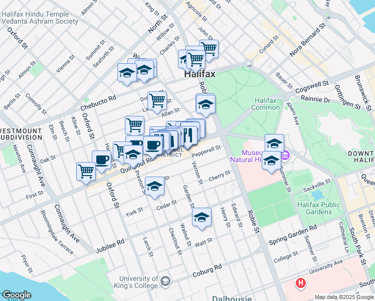 map of restaurants, bars, coffee shops, grocery stores, and more near 1990 Vernon Street in Halifax