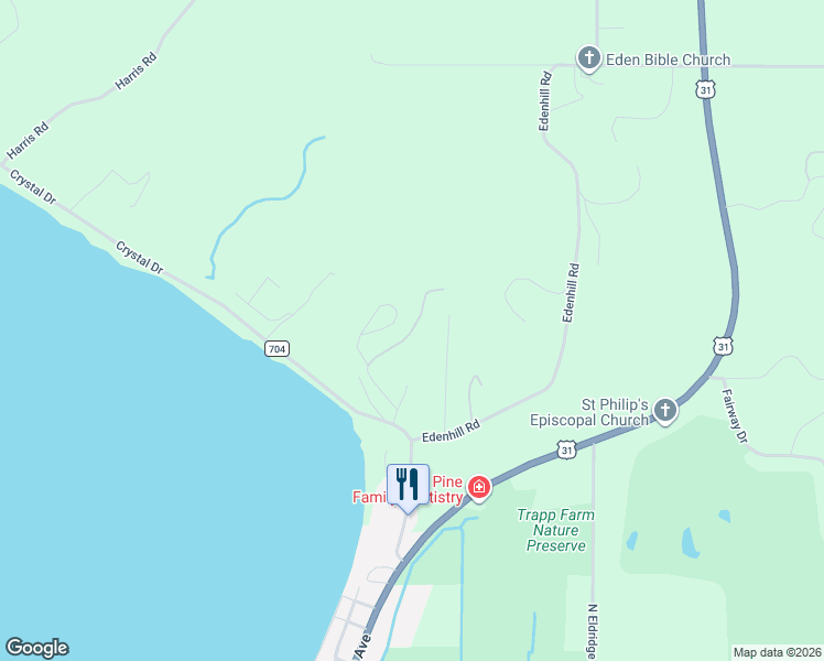 map of restaurants, bars, coffee shops, grocery stores, and more near Crystal Ridge in Beulah