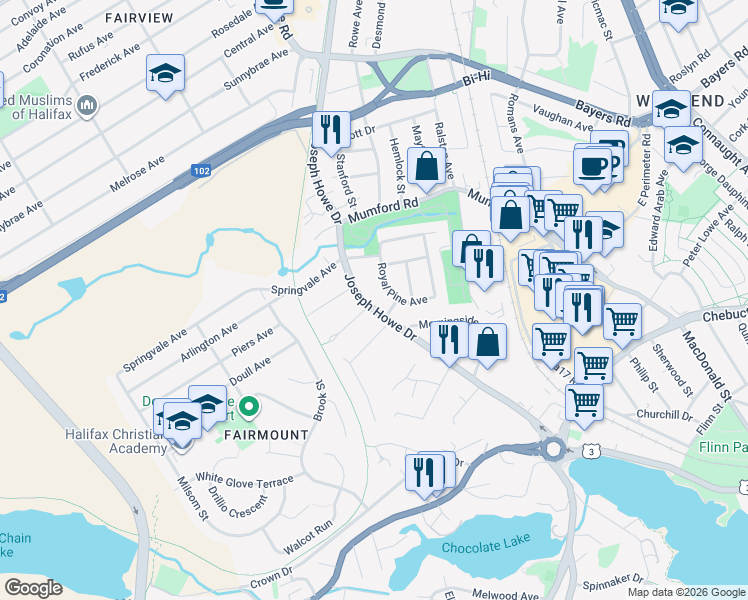 map of restaurants, bars, coffee shops, grocery stores, and more near 2935 Joseph Howe Drive in Halifax