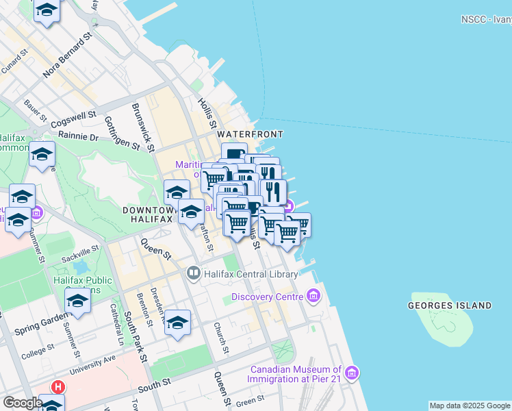 map of restaurants, bars, coffee shops, grocery stores, and more near 1600 Lower Water Street in Halifax