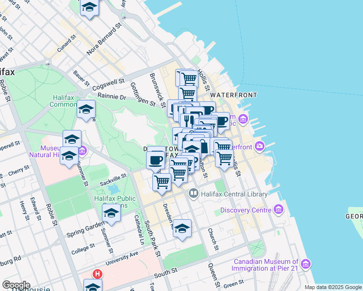 map of restaurants, bars, coffee shops, grocery stores, and more near 1663 Brunswick Street in Halifax