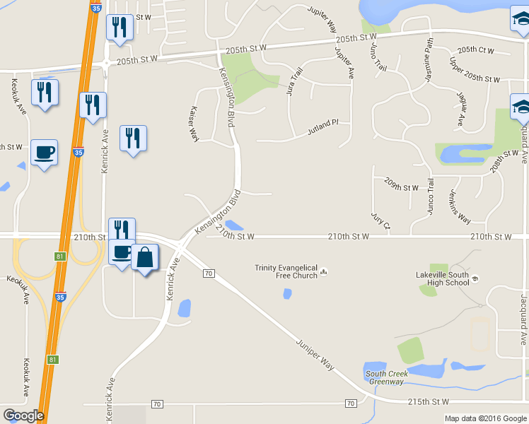map of restaurants, bars, coffee shops, grocery stores, and more near 20860 Kenbridge Court in Lakeville