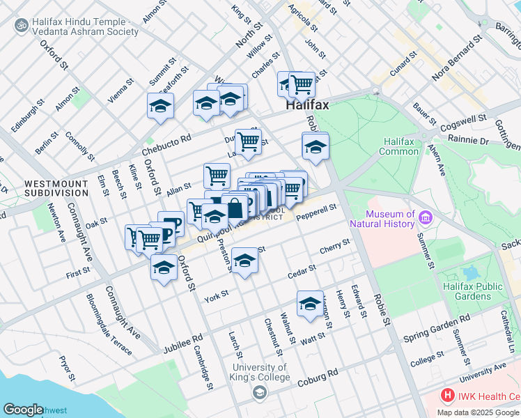 map of restaurants, bars, coffee shops, grocery stores, and more near 6139 Quinpool Road in Halifax