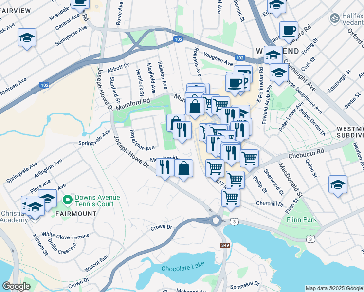 map of restaurants, bars, coffee shops, grocery stores, and more near 3001 Olivet Street in Halifax
