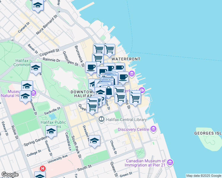 map of restaurants, bars, coffee shops, grocery stores, and more near 1646 Barrington Street in Halifax