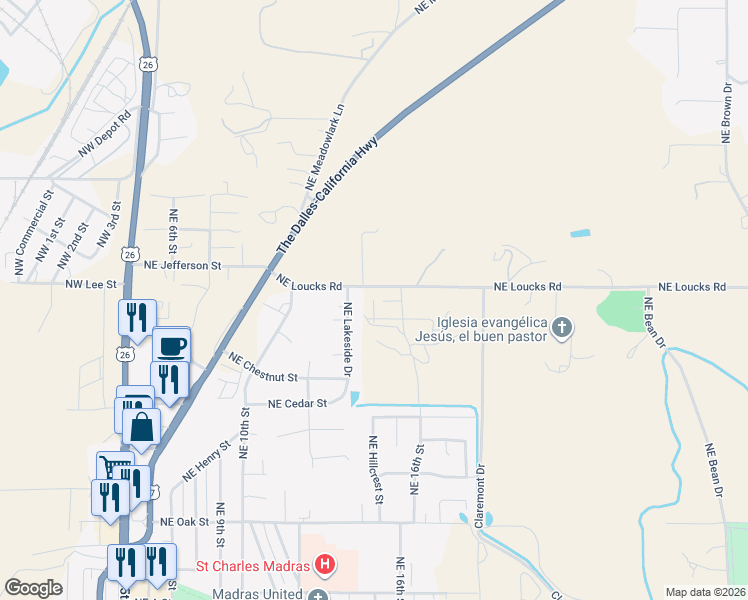 map of restaurants, bars, coffee shops, grocery stores, and more near 779 Northeast Lakeside Drive in Madras