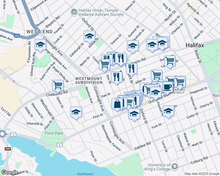 map of restaurants, bars, coffee shops, grocery stores, and more near 2520 Elm Street in Halifax