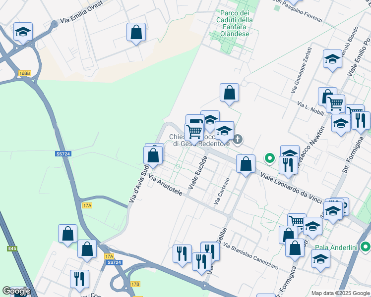 map of restaurants, bars, coffee shops, grocery stores, and more near Via Antonio Pignedoli in Modena