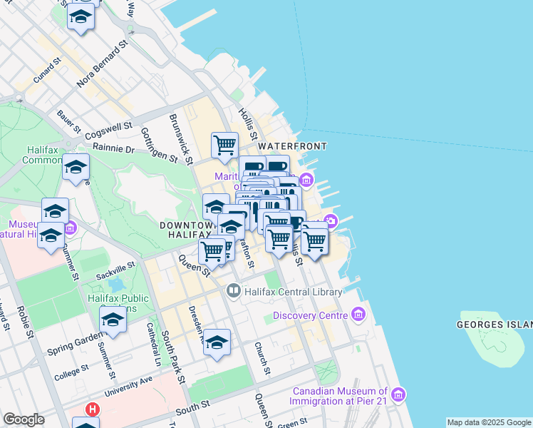 map of restaurants, bars, coffee shops, grocery stores, and more near 1573 Barrington Street in Halifax