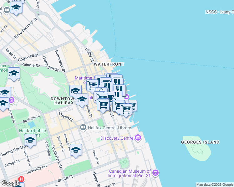 map of restaurants, bars, coffee shops, grocery stores, and more near 1601 Lower Water Street in Halifax