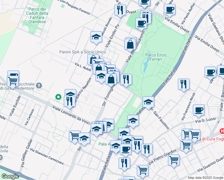 map of restaurants, bars, coffee shops, grocery stores, and more near 35 Strada Formigina in Modena