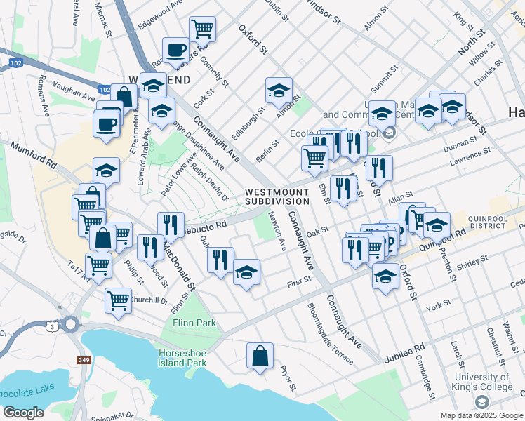 map of restaurants, bars, coffee shops, grocery stores, and more near Chebucto Road in Halifax