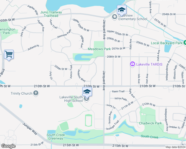 map of restaurants, bars, coffee shops, grocery stores, and more near 20911 Jamestown Avenue in Lakeville