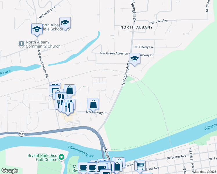 map of restaurants, bars, coffee shops, grocery stores, and more near 885 North Pointe Drive Northwest in Albany
