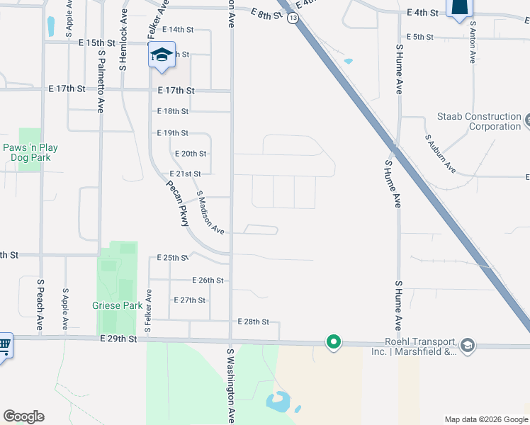 map of restaurants, bars, coffee shops, grocery stores, and more near 2313 South Washington Avenue in Marshfield