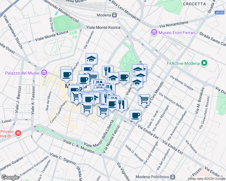 map of restaurants, bars, coffee shops, grocery stores, and more near 27-43 Via delle Carmelitane Scalze in Modena