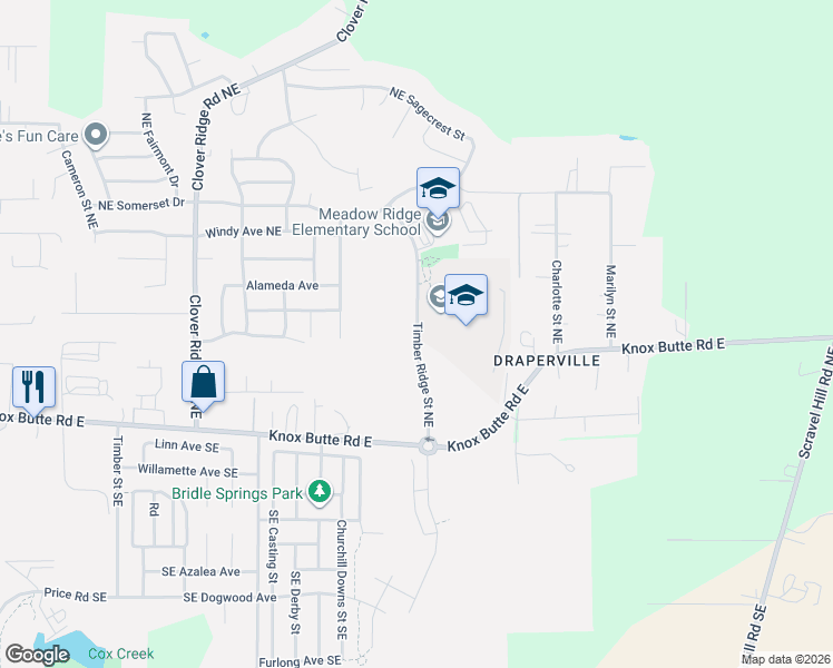 map of restaurants, bars, coffee shops, grocery stores, and more near Timber Ridge Street Northeast in Albany