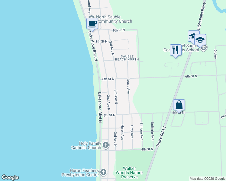 map of restaurants, bars, coffee shops, grocery stores, and more near 528 3rd Avenue North in Sauble Beach