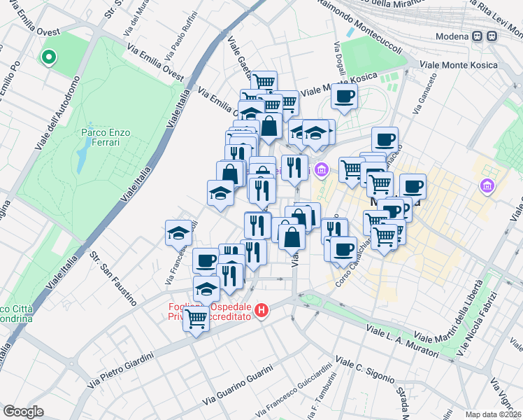 map of restaurants, bars, coffee shops, grocery stores, and more near 152-200 Viale J. Barozzi in Modena
