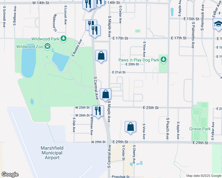 map of restaurants, bars, coffee shops, grocery stores, and more near 2405 South Maple Avenue in Marshfield