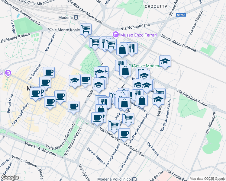 map of restaurants, bars, coffee shops, grocery stores, and more near 3 Via Giulio Reggianini in Modena
