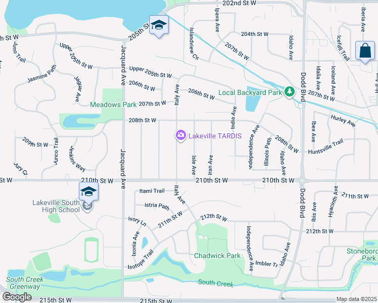 map of restaurants, bars, coffee shops, grocery stores, and more near 20899 Isle Avenue in Lakeville